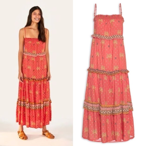 Farm Rio Dress Coqeuirissimo Metallic Palm Trees Maxi Summer Beach Pink M NWT - Picture 1 of 8